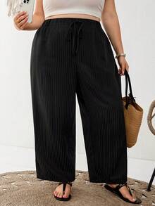 SHEIN CURVE+ 大尺碼休閒簡約黑白條紋長褲，適合四季，春夏日常穿著 - 黑色 - 查看 4