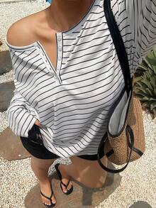 Dazy Plus Solid Color Large Scoop Neck Half-Open Front Long Sleeve T-Shirt Spring/Summer - Black and White - View 1