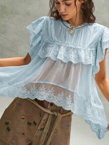 Bohemela 女款夏季浪漫度假法式波希米亞音樂節刺繡荷葉邊蕾絲拼接襯衫，隨性休閒風格，自由自在穿搭，嘉年華女裝，海灘夏季度假 - 藍色 - 查看 5