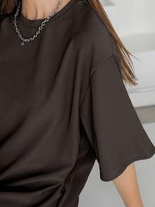 DAZY Spring Summer Autumn Round Neck Short Sleeve Loose Solid Color Dark Coffee Straight Casual Drop Shoulder Women's Mid-Length Dress - Dark Grey - View 5