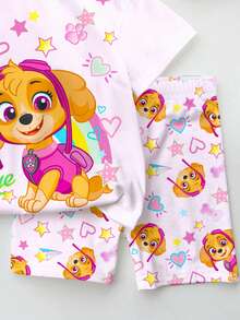 SHEIN | PAW Patrol 女童小女孩圓領字母卡通印花短袖T恤與短褲休閒日常套裝 - 彩色 - 查看 4