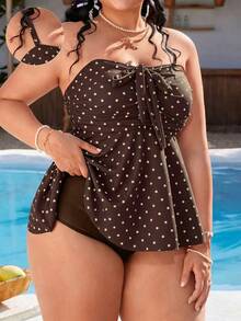 Swim Mod Vestido de Bikini Estilo Top de Tirantes con Volantes y Lunares Negros y Blancos Lindo Talla Grande - Multicolor - View 1