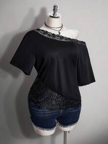 SHEIN ICON Plus Size Y2K Vintage Asymmetric Shoulder Lace Patchwork Loose T-Shirt - Black - View 6