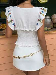 Flora Isola Flora Isola Women's Square Neck Ruffle Top, Fashionable Floral Print, Elastic Waist Design, Versatile For Daily Commute Vacation, Travel, Date, Summer White Boho - White - View 2