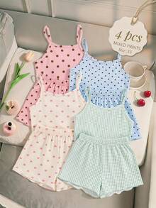 Cream Color, Young Girl Casual Simple Slim Fit Cartoon Pattern Cami Top And Shorts Set, Suitable For Summer Home Wear, Cami Set, Cami And Shorts Set, Easy Comfort - Multicolor - View 1