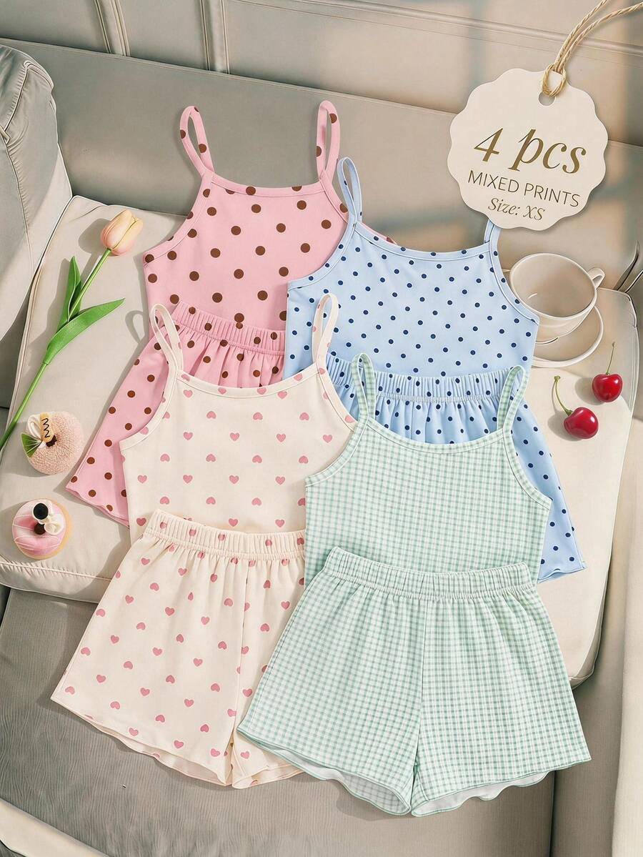 Cream Color, Young Girl Casual Simple Slim Fit Cartoon Pattern Cami Top And Shorts Set, Suitable For Summer Home Wear, Cami Set, Cami And Shorts Set, Easy Comfort - Multicolor - View 1