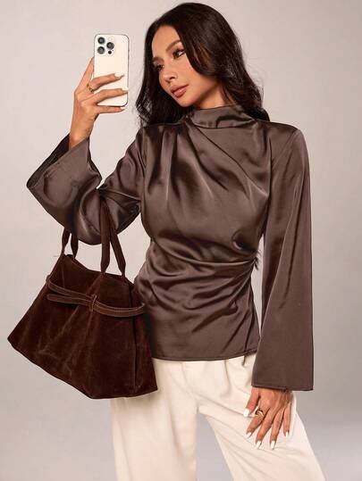 SHEIN PETITE Women's Solid Color Pleated Casual Versatile Daily Outing Shirt