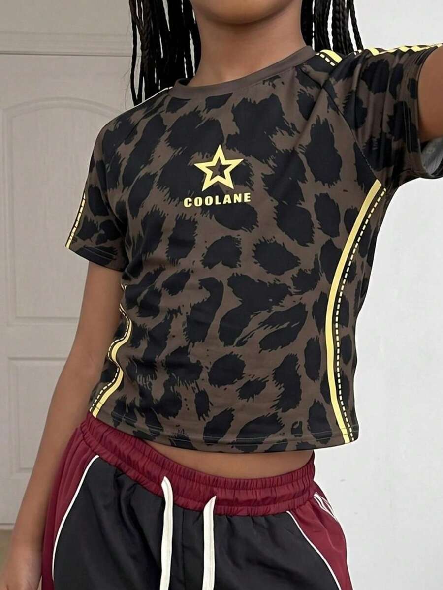 Tween Girl Tween Girls Summer Music Festival Streetwear Chic Concert Rave Festival Rave Renaissance Fair Clubs Party Leopard T-Shirt,Summer - Coffee Brown - View 1
