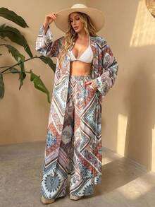 SHEIN طقم من قطعتين، طباعة نباتية، جاكيت كيمونو طويل، بنطال واسع الساق، ملابس منتجع، بطانية شاطئ للعطلات، بوهيمي استوائي بيج صيفي - متعدد الألوان - مشاهدة 1