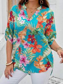 EMERY ROSE Plus Size Summer Floral Print Notch Neck Roll Sleeve Shirt Women Blouses Tropical Tops Beach Shirts For Hawaiian - Mint Green - View 3