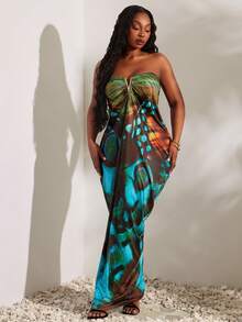 Radiana Teal hoch-elastisches gestricktes gerafftes metallisch verziertes trägerloses Maxikleid Urlaub Strand Hochzeit Cocktail Hochzeitsgast Feiertag sexy tropisch elegant - Verschiedenfarbig - Übersicht 6
