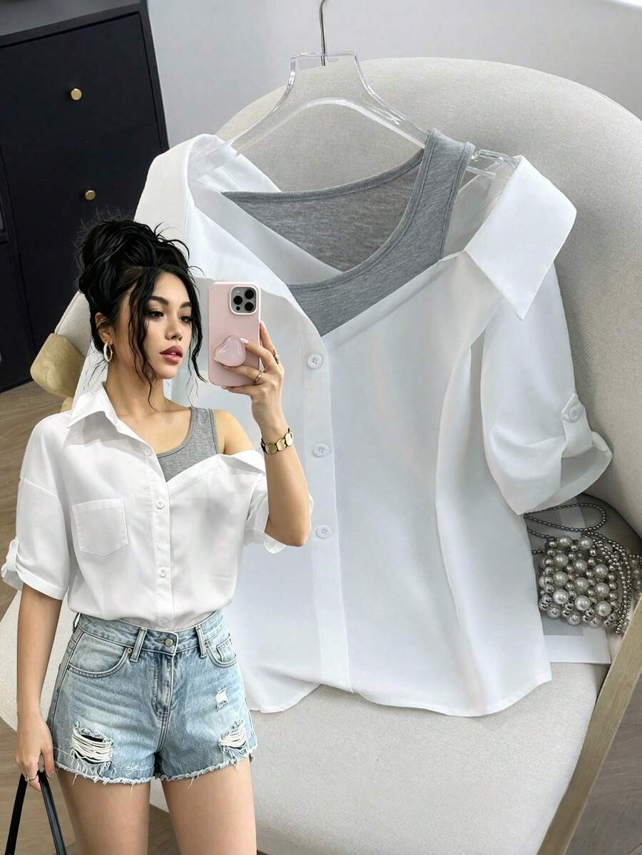 SHEIN Raffinéa 秋季女装 女士常规白色衬衫,带假吊带,露肩中袖两用,优雅休闲通勤时尚,适合派对、商务场合,露肩上衣,全白服装,适合大学校园的白色衬衫 - 白色 - 查看 1