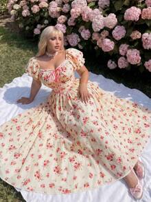 Lyrianda Plus Size Romantic Square Neck Waist Cinched A-Line Long Dress - Multicolor - View 4