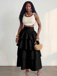 BamGlimmer Rok Panjang Wanita Warna Polos Pinggang Tinggi Berlapis-lapis dengan Rumbai, Warna Hitam, Elegan untuk Liburan Musim Gugur - Hitam - View 4