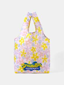 SpongeBob SquarePants | SHEIN 卡通印花可折疊購物袋，輕量防水大容量收納袋，適用於超市採購、短途旅行、日常通勤 - 珊瑚 - 查看 7