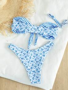 Swim Mod 女款派對戶外夏季海灘簡約優雅休閒度假基本百搭小碎花拼接格紋印花可反穿平口露背比基尼泳衣上衣附胸前繫帶蝴蝶結對比色高衩泳褲2件組，修身顯瘦出遊海灘泳衣適合春假秋季開學季慕尼黑啤酒節音樂節假期春季促銷海邊氛圍度假穿搭春假服裝派對泳衣情人節新年開學嘉年華母親節國際婦女節家庭出遊巴西六月節春假畢業季雙11 - 彩色 - 查看 2