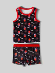 Conjunto de 2 piezas/Set de ropa interior para niños preadolescentes, camiseta sin mangas cómoda con estampado integral & calzoncillos bóxer cuadrados - Multicolor - Ver 3