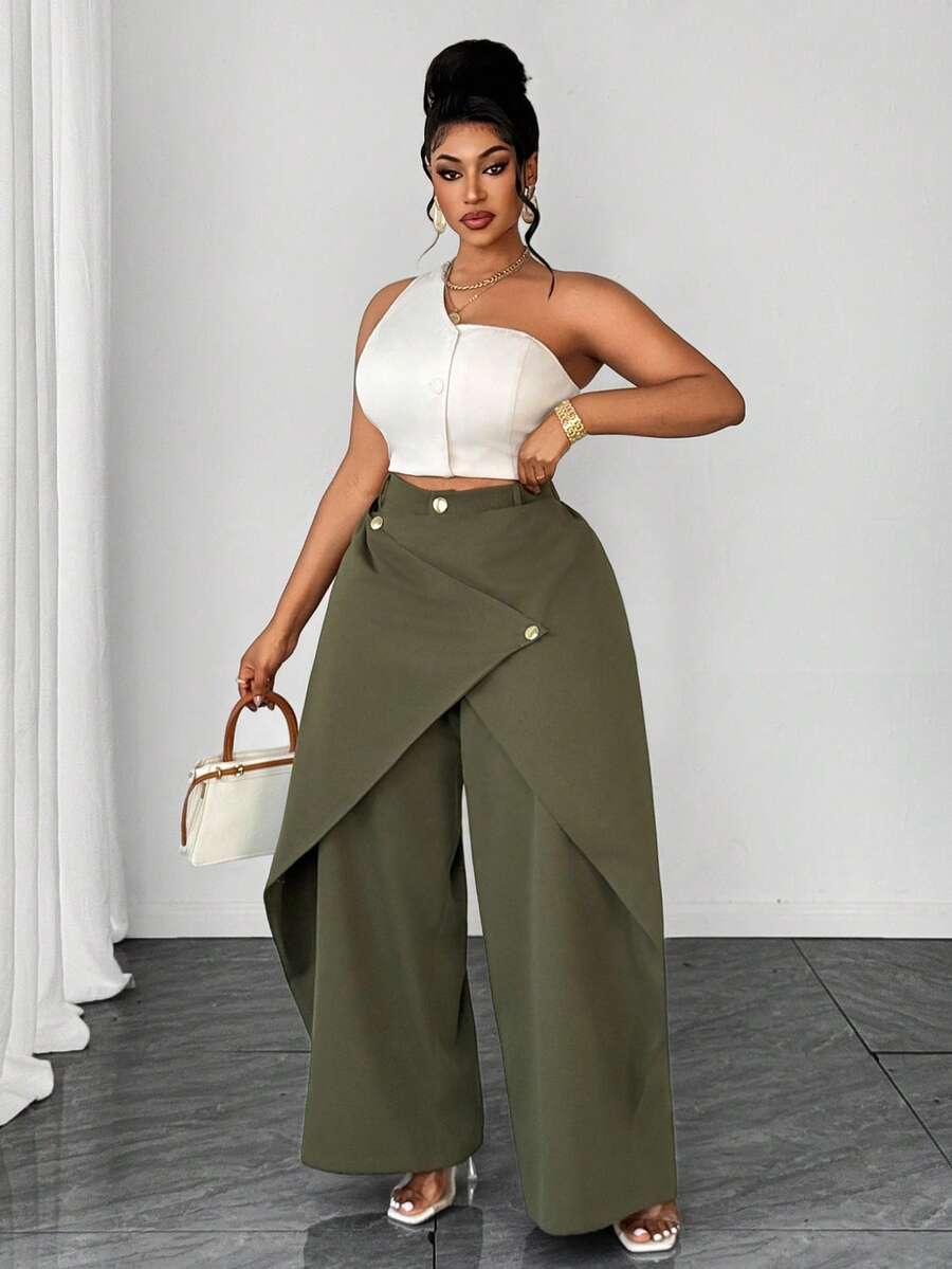 Maweii Plus Size Women's Solid Color Casual Versatile Daily Wide Leg Pants Fall - Army Green - View 1