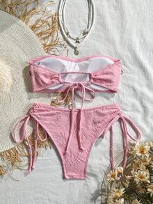 Swim Mod 女款刺繡流蘇拼接海星與貝殼裝飾抹胸上衣與三角泳褲泳裝套裝 - 粉色 - 查看 2