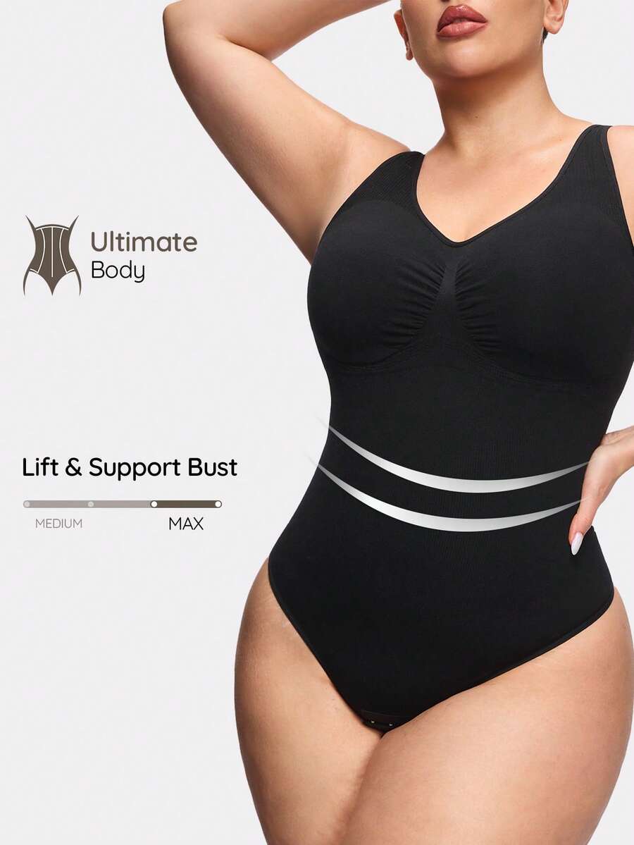 SHAPORA Plus Size Seamless Shapewear Jumpsuit, Waist & Abdomen Shaping, Buttock Lifting, Minimalist Design, Wearable As Outerwear - Black - View 1