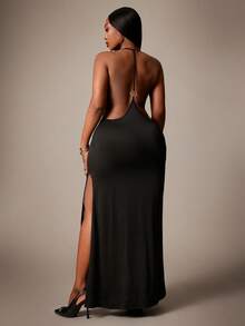 SHEIN SXY Robe sexy grande taille pour femme, couleur unie, dos nu, fente latérale à l'ourlet, col licou - Noir - Voir 9