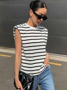 Livesso Striped Round Neck Sleeveless Padded Shoulder Women's T-Shirt - Black - View 3