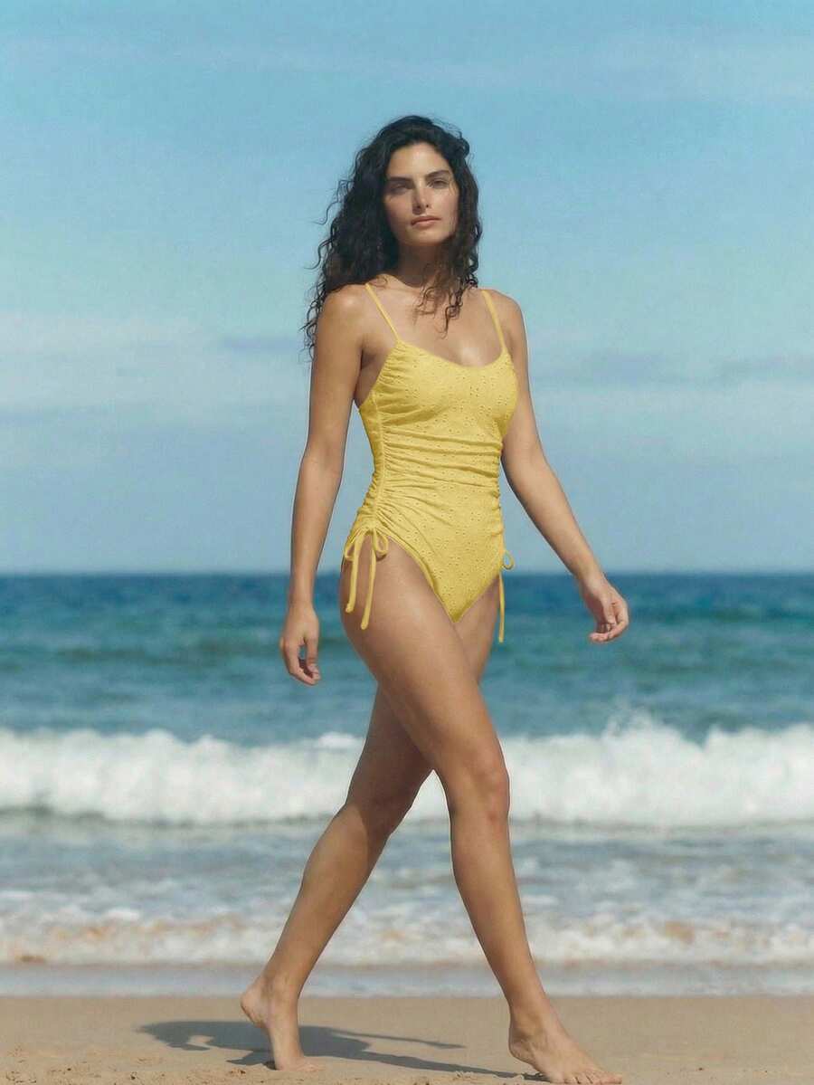 Maija Women's Vacation Beach Hollow Out Drawstring Tie Ruched One-Piece Swimsuit - Yellow - View 1