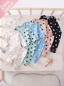 (Random 5pcs 2) Set de pantalon lung cu piciorușe și body cu mânecă scurtă pentru nou-născuți, minimalist elegant, cu buline, în culorile hașma, bej, caisă, verde fasole, gri și albastru - Multicolor - Vizualizare 4