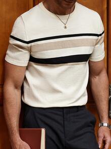 Manfinity Homme Plus Size Men's Black And White Striped Pattern Short Sleeve Crew Neck Knit Top Holiday Summer Casual - Multicolor - View 6