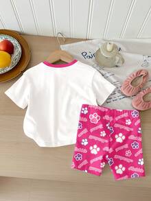 SHEIN | PAW Patrol 女嬰圓領字母卡通印花短袖T恤與短褲休閒日常套裝 - 彩色 - 查看 2