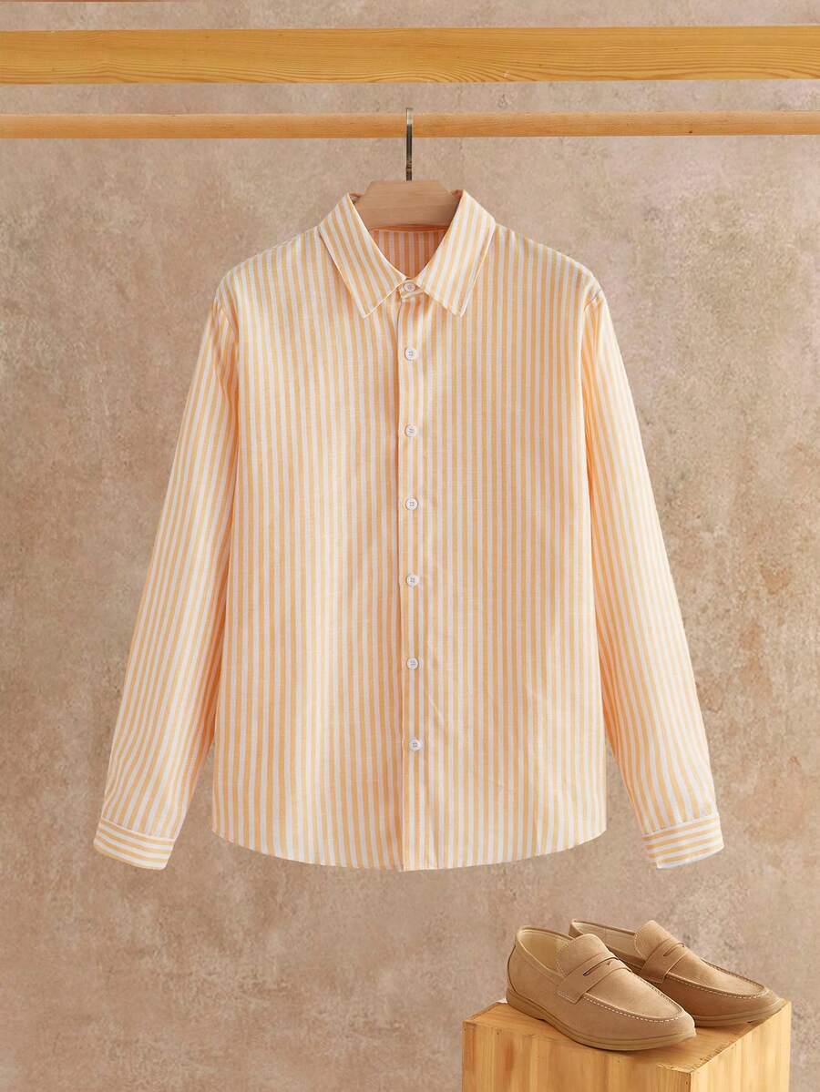 HIMLAND Men's Pale Yellow Relaxed Fit Long Sleeve Button-Up With Rolled Cuffs & Deep Open Neckline. Lightweight Woven Fabric With Soft Drape. Sunny Resort Lay - Yellow - View 1