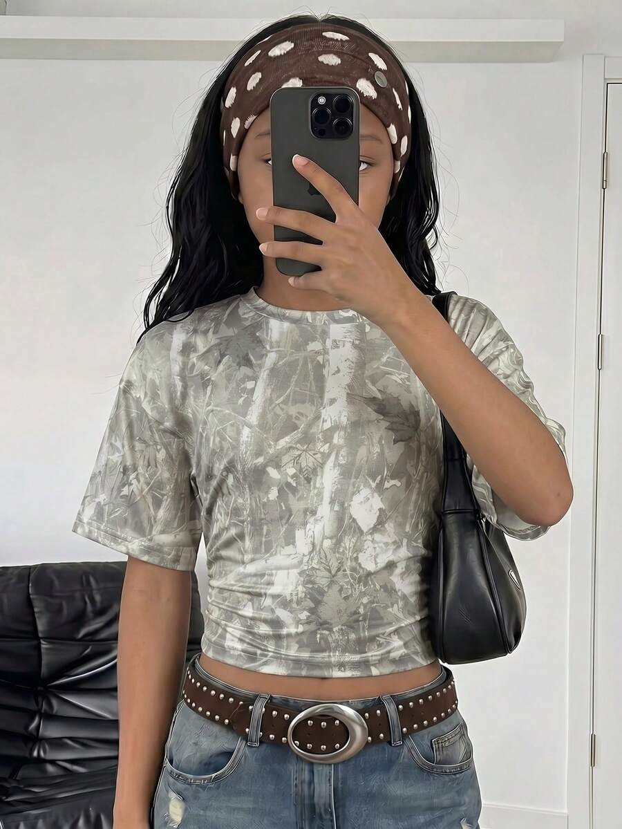 SHEIN 青少年女孩新款時尚優雅素色休閒百搭腰部抓皺T恤，適合日常、學校、海灘、度假及居家穿著 白色夏季 - 彩色 - 查看 1