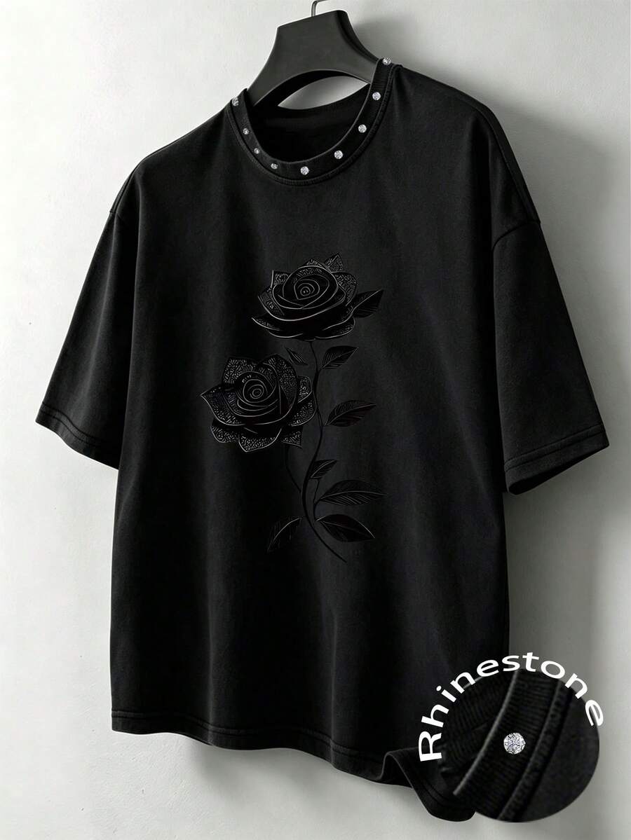 Manfinity EMRG Camiseta de manga corta holgada con cuello redondo y adornos de rosas con strass para hombre - Negro - Ver 1