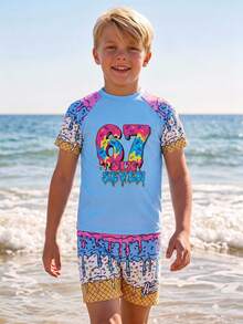 Tween Boy Digital Print Raglan Short Sleeve Top And Shorts Casual Swimsuit Set - Green - View 3