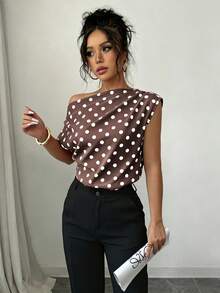 SHEIN Elenzya 圓點不對稱肩無袖女款上衣，優雅通勤襯衫 - 棕色 - 查看 5