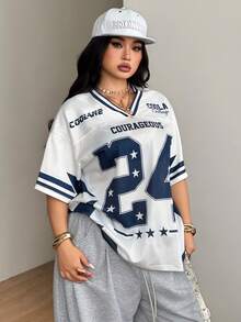 Coolane 男女大尺碼夏秋街頭風復古運動賽事日騎行休閒網眼寬鬆印花藍白V領棒球球衣T恤 - 白色 - 查看 2