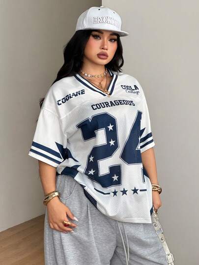 Coolane Women's & Men's Plus Size Streetwear Vintage Sport Game Day Casual Comfy Mesh Oversized Print White V-Neck Jersey T-Shirt