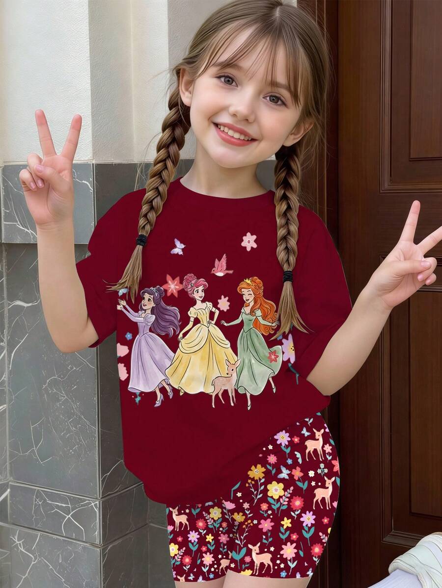 1套少女休閒甜美可愛酒紅色T恤套裝，夢幻公主印花T恤搭配可愛蝴蝶鹿花卉圖案短褲，適合夏季外出、度假、上學與節日穿搭 - 彩色 - 查看 1