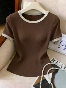 Elenzga Camiseta casual de mujer de cuello redondo y manga corta con contraste de color acanalado - Marrón - Ver 6