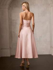 MOTF PREMIUM ELEGANT STRAPLESS ANKLE-LENGTH A-LINE SATIN PARTY DRESS WITH FLORAL RHINESTONE, CINCHED WAIST, CRISSCROSS BACK STRAPS – ELEGANT LUXURIOUS STYLE - Pink - View 3