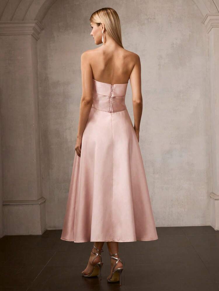 ELEGANT STRAPLESS ANKLE-LENGTH A-LINE SATIN PARTY DRESS WITH FLORAL RHINESTONE, CINCHED WAIST, CRISSCROSS BACK STRAPS – ELEGANT LUXURIOUS STYLE
