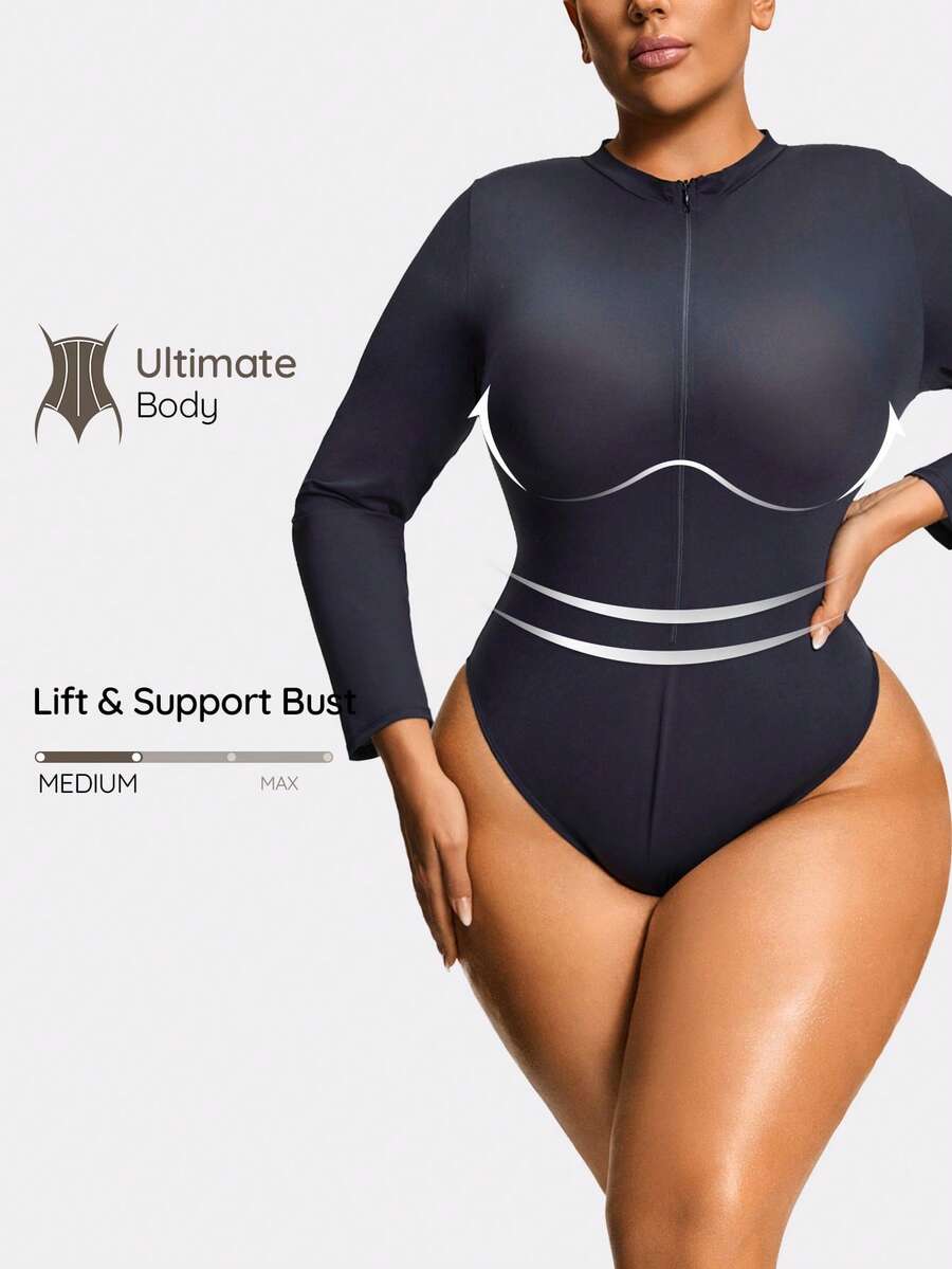 SHAPORA Plus Size Shaping Wear Outside Long Sleeve Shapewear Thong Bodysuit Body Shaper Butt Lifter-Tummy Waist Thigh Control - Black - View 1