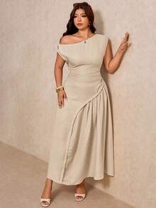 Elaquor Plus size enfärgad semesterklänning med asymmetrisk urringning, casual - Aprikos - Visa 6
