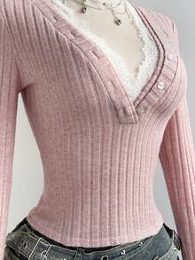 Elamini Cute & Sweet Textured Lace Splice Deep V Slim Fit Long Sleeve T-Shirt, Spring - Pink - View 6