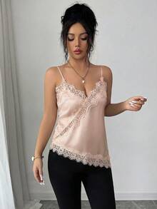 Camiseta de mujer de estilo francés elegante con contraste de color y encaje, con bajo asimétrico - Rosa vieja - Ver 6