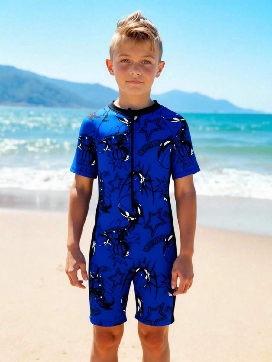 青少年男孩卡通連身競賽衝浪短褲 - 寶藍色 - 查看 1