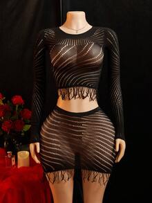 SHEIN 女款性感內衣2件組，女用性感內衣，內衣，魚網性感內衣，內衣套裝，性感套裝，蜜月，火辣 - 黑色 - 查看 6