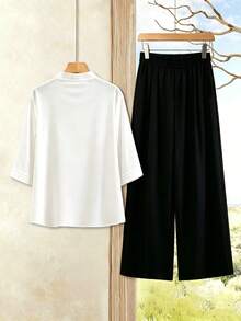 Linhara Plus Size Women's Elegant Intellectual Minimalist Style Ink Floral Print Shirt And Simple Long Pants 2-Piece Set, Suitable For Workplace Commute, Daily Casual Outings, Everyday Wear - Black and White - View 2