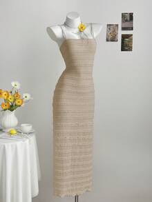 Sunnyshic Vestido de mujer con volantes en capas, jacquard, sin tirantes y con tirantes de espagueti - Caqui - Ver 5