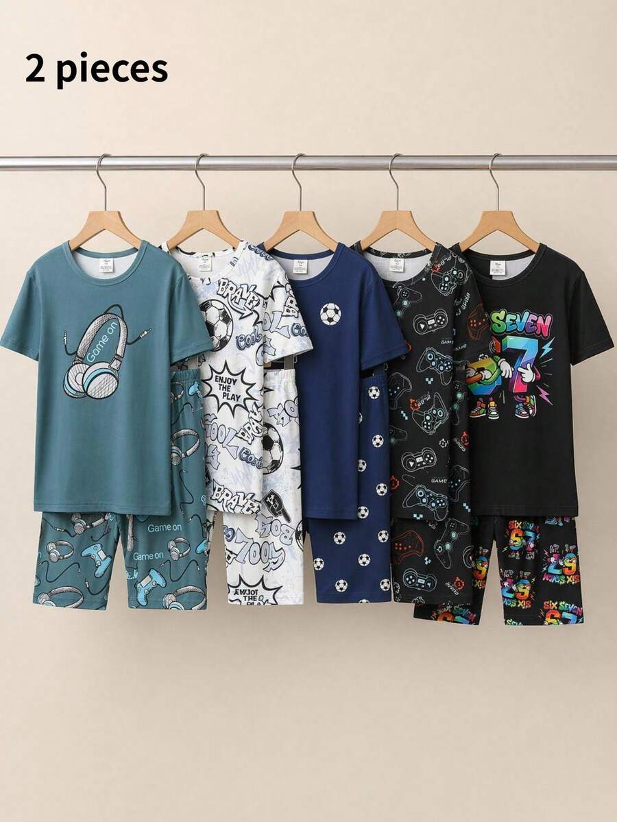 1套青少年男孩發光貼身睡衣,漸層印花短袖上衣與短褲,高彈力面料,圓領,睡衣 - 黑色 - 查看 1